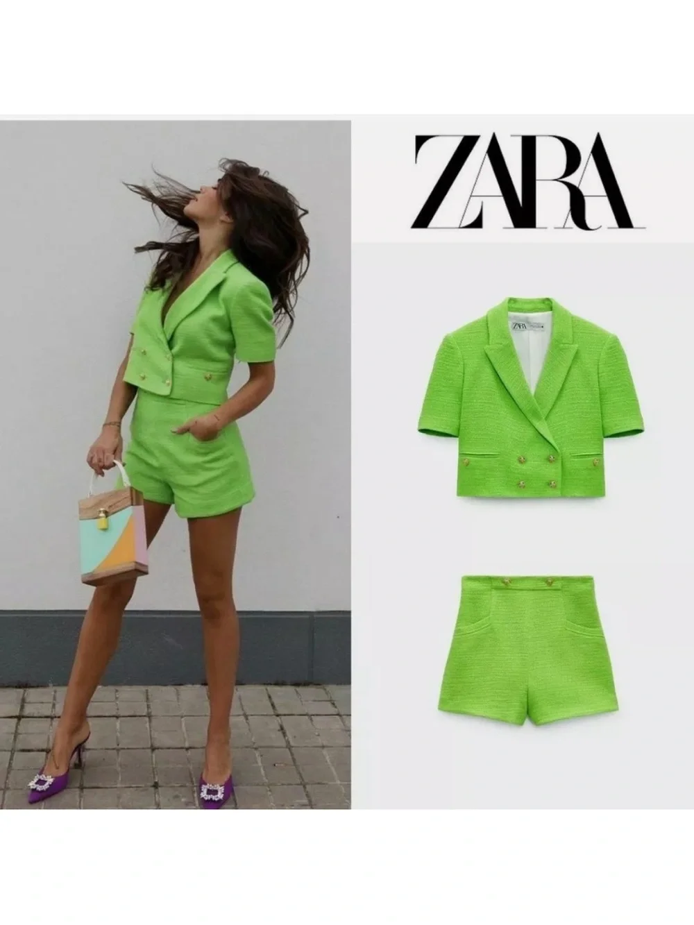 Zara Textured Crop Neon Green Blazer Jacket Size Large - Picture 9 of 15